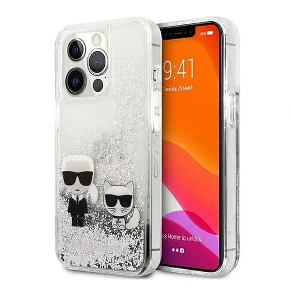Coque Karl Lagerfeld – KLHCP13LGKCS – 13 Pro/13 6,1″ – Argent Liquid Glitter – Karl&Choupette