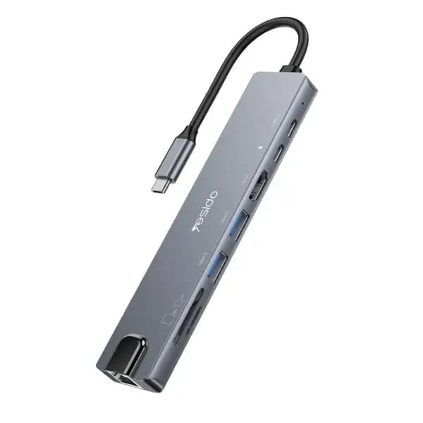 Hub 8en1 Yesido – Entrée Type-C – 2 ports USB 3.0 – 2 ports type-C – HDMI – 1 Mini DP – 1 Port RJ45 – Port TF/SD – HB27