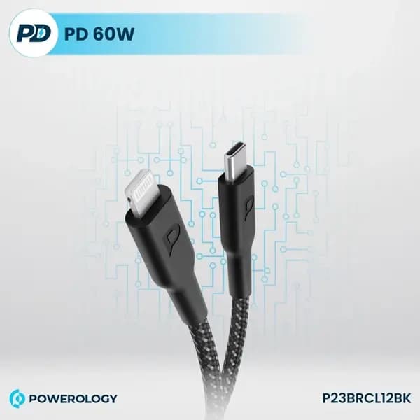 Câble de Charge Rapide et de transfert données – Tressé – Type-C vers Lightning 1.2M PD 60W – Powerology – P23BRCL12BK – Noir