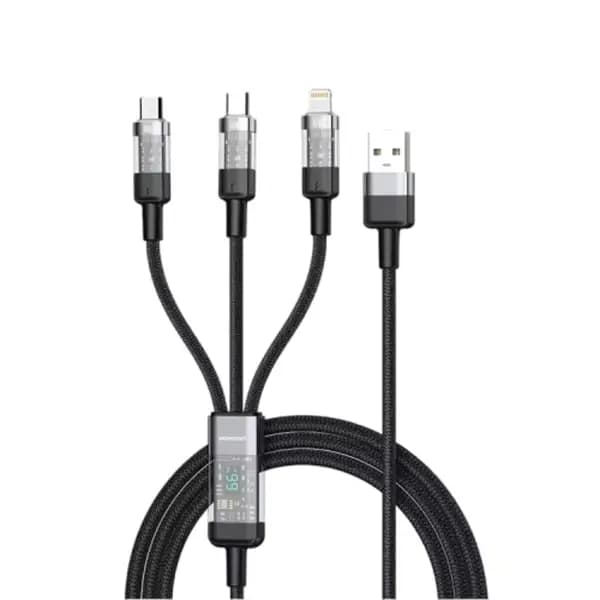 Câble tressé de charge rapide Porodo avec entrée USB-A transparent – 3en1 – universel – 66W – 1m – PD-CBL0018-BK