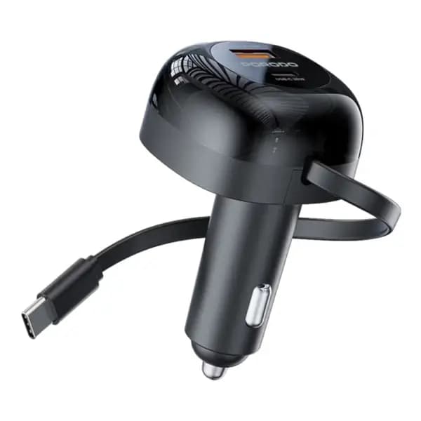 Chargeur voiture Porodo à double port avec câble Type-C rétractable de 80 cm – charge simultanée – 47W – compatibilité universelle – Noir – PD-FWCH030-BK