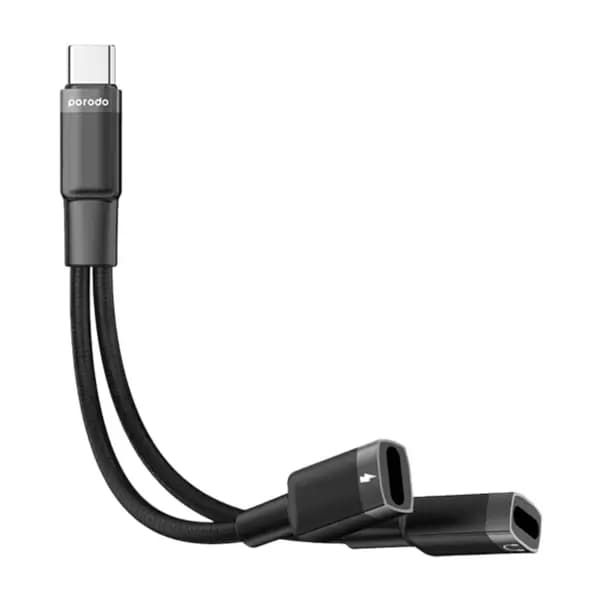 Adaptateur Type-C Porodo – Audio + charge simultanée – 2en1 – 12cm – PD-C2CCJHC-BK – Noir