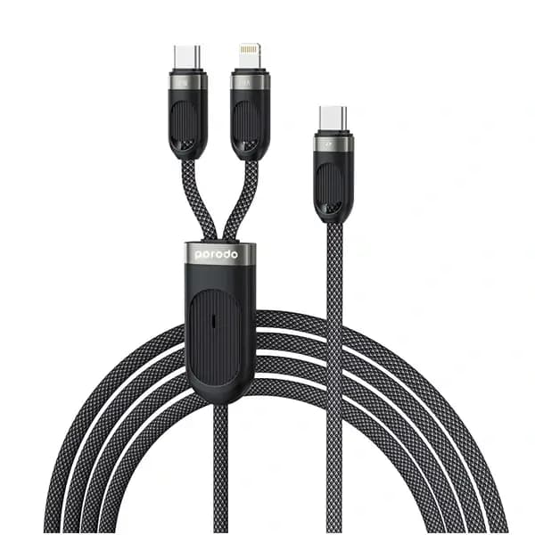 Câble de charge rapide Porodo 3en1 – Type-C & Lightning vers Type-C – 60W – Noir – PD-2N1CCL-BK