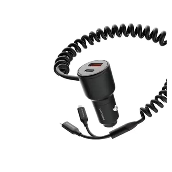 Chargeur voiture Porodo double port – Câbles USB-C & Lightning intégrés, 1,5m – charge rapide et Universel – Noir – PD-FWCH034-BK