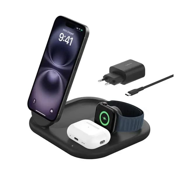 Station de charge rapide pliable Belkin – 3en1 – 15W de recharge sans fil – MagSafe intégré – WIZ029MYBK