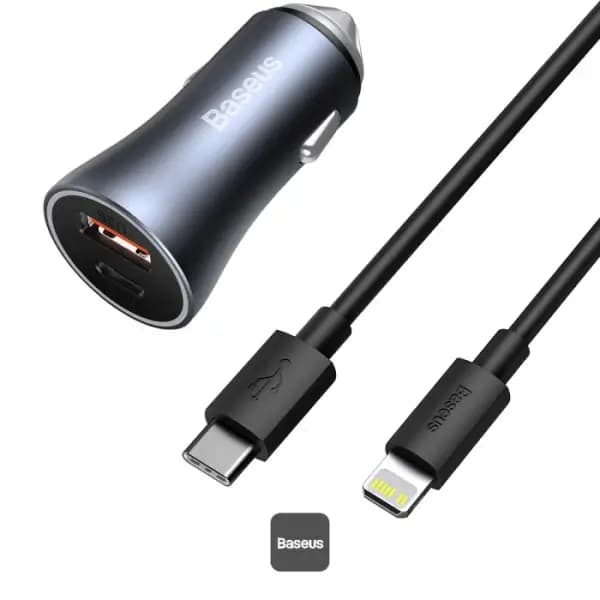 Chargeur de voiture rapide Baseus Golden Contactor Pro avec câble Lightning 1m intégré – 2 supports – USB et type-C – 40W – Gris foncé – TZCCJD-B0G