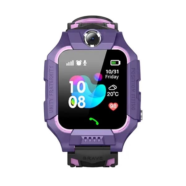 Montre connectée avec puce pour enfant Smart Barry K8 – Écran 1,44″ – Écran tactile – IP67 – GPS – SOS – Caméra – Appel – Cadran violet et bracelet noir