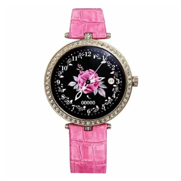 Montre connectée élégante pour femme HainoTeko RW-21 – Plus 1 bracelet supplémentaire noir – BT – Moniteur de fréquence cardiaque intégré – Rose