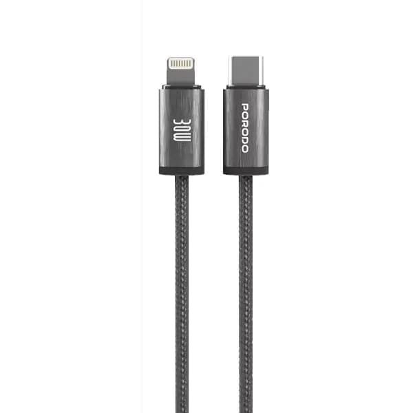 Câble tressé de charge et transfert de données Porodo – 30W – Type-C vers Lightning – 1,2M – Vitesse de