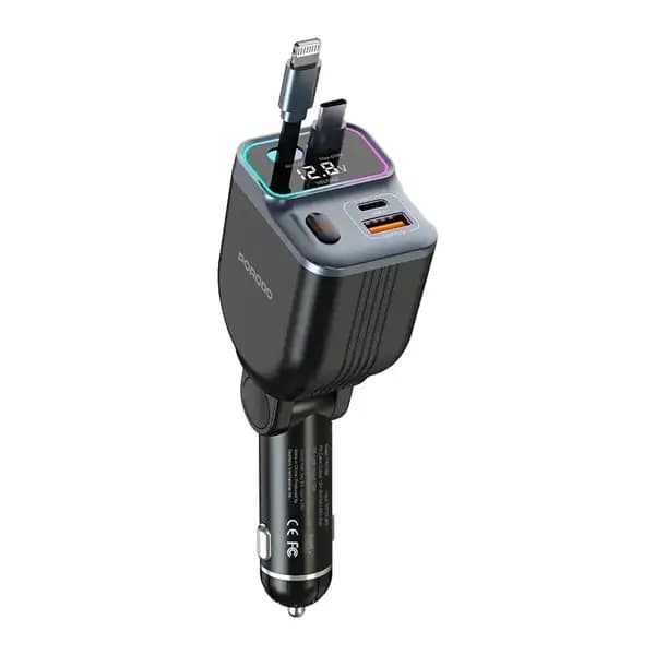 Chargeur de voiture avec deux câbles rétractables intégrés de 80cm Porodo – 65W – Câble Type-C et Lightning – Port Type-C et USB – Compatibilité universelle – PDFWCH068BK