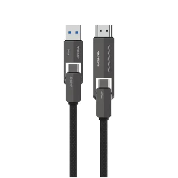 Câble de chargement rapide et de transfert de données VION 4-en-1 Powerology – 240W – 1,2m – Type-C et HDMI – Type-C et USB – 4K – PCAB034BK