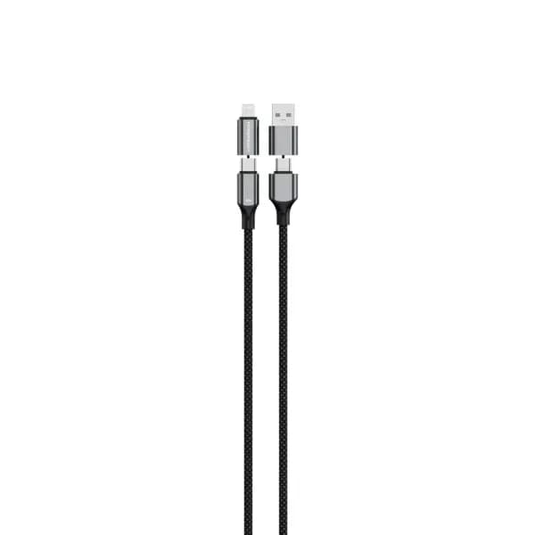 Câble de chargement rapide et de transfert de données 4-en-1 Powerology – 240W – 1m – Type-C et USB – Type-C et Lightning – 4K – PWMHZA240WBK