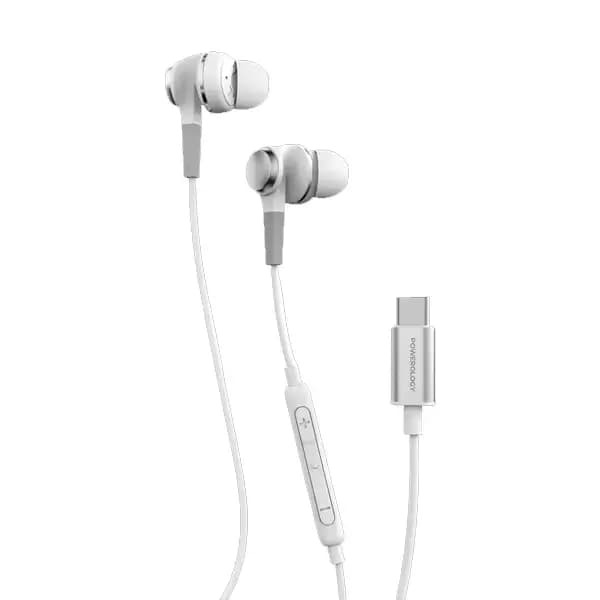 Écouteur filaire Powerology – Type-C – 1,2m – Qualité sonore HD Haut-parleur audio puissant – Commande de volume intégré – Basse profonde – PWTYPECWH