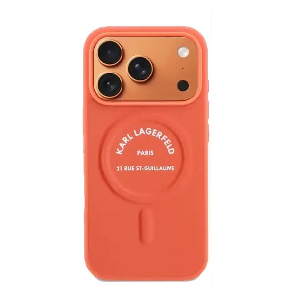 Coque pour iPhone 17 Pro Max Karl Lagerfeld en PU – Compatible MagSafe – Protection des rayures – Orange – KLOHMP17XPSKRSGEO