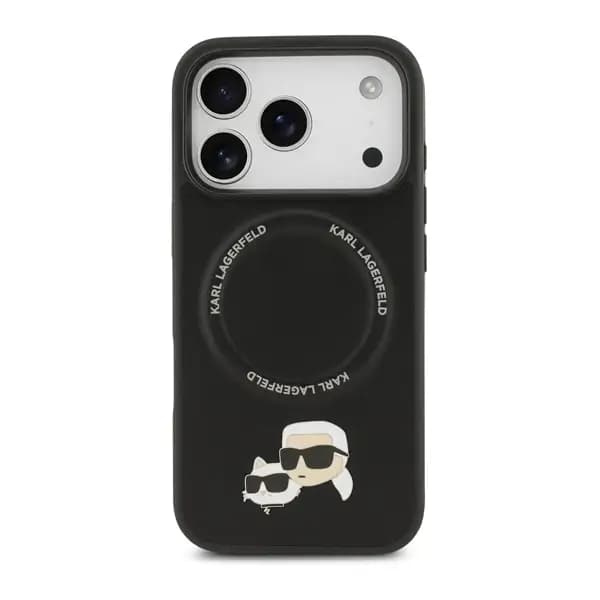 Coque pour iPhone 17 Pro Max Karl Lagerfeld avec épingles tête de Karl et choupette – Compatible MagSafe – Cuir – KLOHMP17XPSMLRKCK