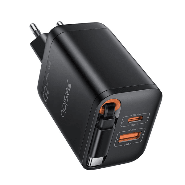 Chargeur rapide rétractable avec deux ports supplémentaires Yesido GaN – 40W – Câble type-c 65cm – 1 port USB – 1 port type-c – YC99