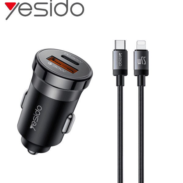 Chargeur de voiture rapide Yesido – 30W – Avec 1 ports USB et 1 port Type-C + câble Type-C vers Lightning – Y73