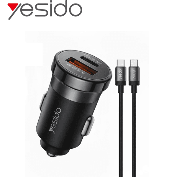 Chargeur de voiture rapide Yesido – 30W – Avec 1 ports USB et 1 port Type-C + câble Type-c vers Type-c – Y72
