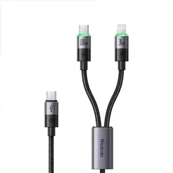 Câble de charge Mcdodo 2en1 – 100W – Type-c vers 1 port type-c et 1 port Lightning pour iPhone – 1.5m – Indicateur de charge LED intégré – CA-6700
