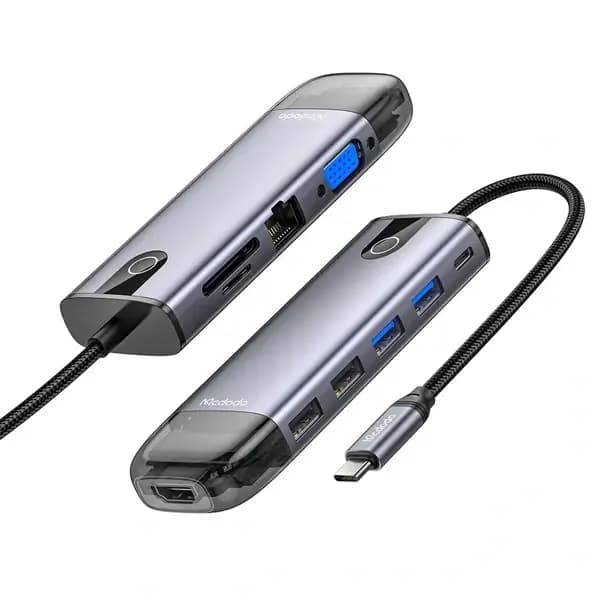 HUB 10en1 Mcdodo – Sortie Type-C – 1 port Type-C pour charge – 4 ports USB – 1 port TF – 1 port micro SD – 1 port HDMI – 1 port RJ45 – 1 port VGA – HU-7420