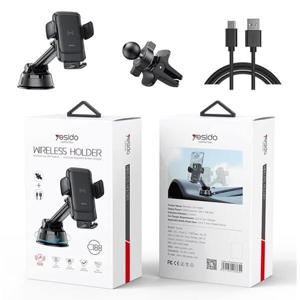 Support de téléphone à chargement rapide sans fil Yesido – 15W – Pour tableau de bord – Noir – C188 — photo 3
