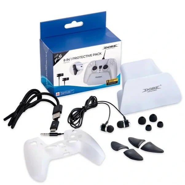 Pack de protection Dobe 8en1 pour manette PS5 – Câble De Recharge – Écouteurs Stéréo – Déclencheur Rallonges – TP5-0579 — photo 1