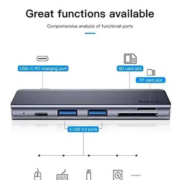 Baseus Harmonica 5en1 USB 3.0 x 2 + SD + TF + HUB USB-C / Type C PD Smart adaptateur – CAHUB-K0G — photo 4