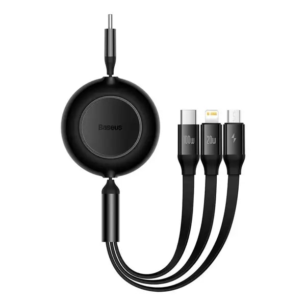 Câble rétractable Baseus Bright Mirror 2 – Type-C vers Micro USB+ Lightning+ Type-C 100W 1.1m – Noir – CAMJ010201 — photo 1