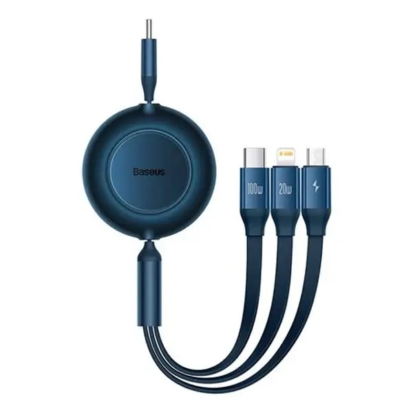 Câble rétractable Baseus Bright Mirror 2 – Type-C vers Micro USB+ Lightning+ Type-C 100W 1.1m – Bleu – CAMJ010203 — photo 1