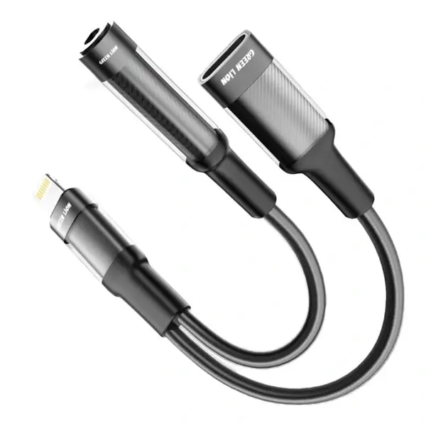 Adaptateur de charge et écouteurs 2en1 Green Lion – Lightning vers Lightning + 3,5 audio – 12cm – GNEARADLTLAUXBK — photo 1