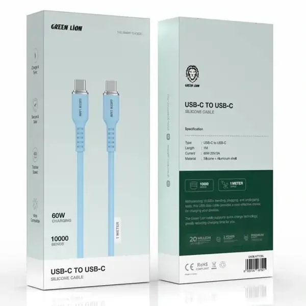 Câble USB-C vers USB-C en silicone Green Lion – Câble 1m – 60W – Charge et synchronisation – GNSILNTTCBL, autre vue