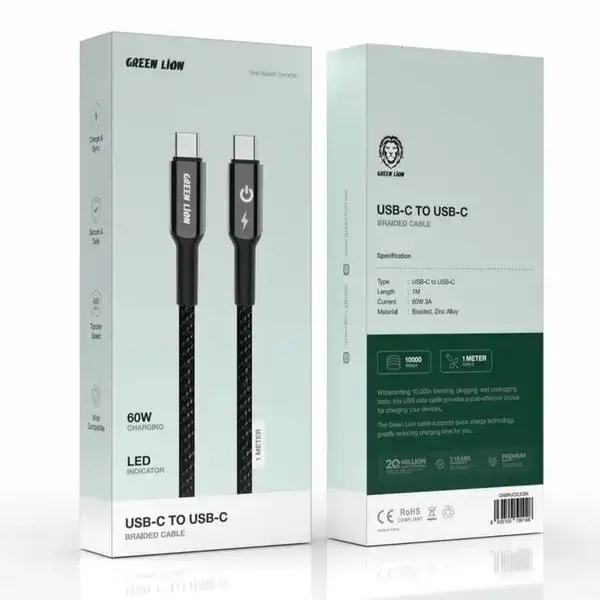Câble tressé USB-C vers USB-C Green Lion – Câble 1m – Charge et synchronisation – GNBRUC2UCBK – Noir — photo 2