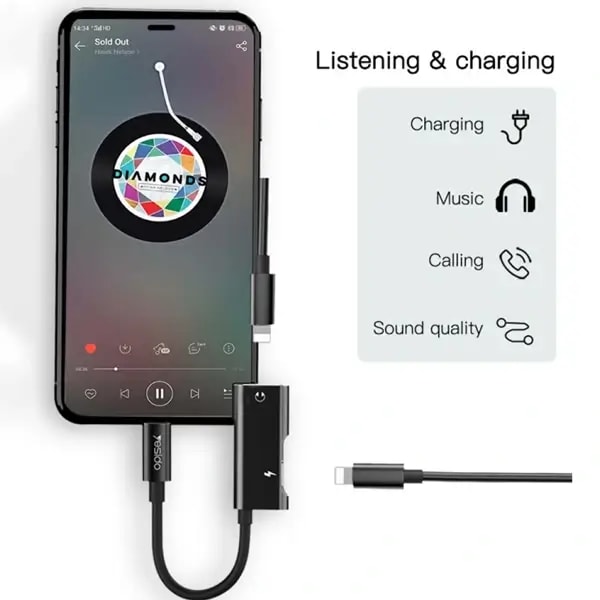 Adaptateur de charge et audio Yesido – Lightning vers Lightning et port Jack – YAU11, vue 4