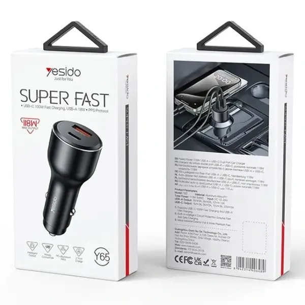 Chargeur De Voiture Ultra Rapide USB Yesido Y65 PD100W Type-C + QC18W – Noir — photo 2