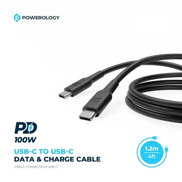 Câble de Charge Rapide et de transfert données – Type-C vers Type-C – 100W – Powerology – PWCTC1M-BK — photo 2