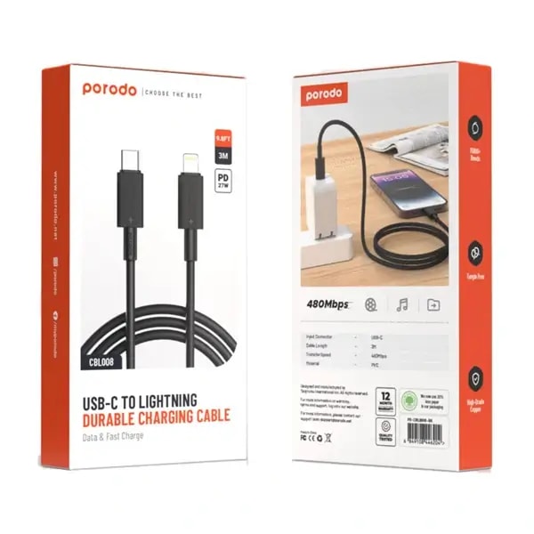 Câble Type-C vers Lightning PVC 3m – Vitesse de transfert 480 Mbit/s – PD 27W – Porodo, vue 3