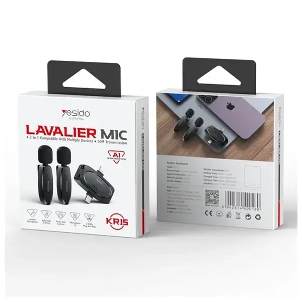 Micro Cravate – Lavalier sans fil à faible latence iP – Type-C – Récepteur 3,5 mm + Ensemble de 2 microphones émetteurs – YESIDO KR15 — photo 5