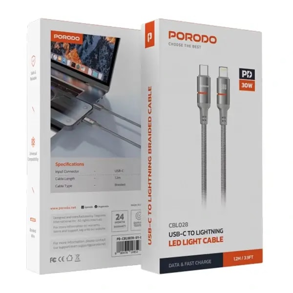 Câble de charge Porodo – Type-C vers Lightning pour iPhone avec indicateur LED – 30W – 1,2m, autre vue