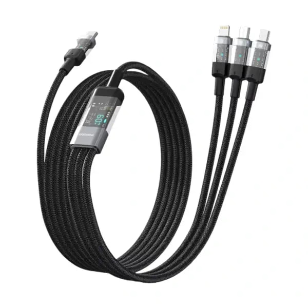 Câble tressé de charge rapide Porodo avec entrée Type-C transparent – 3en1 – universel – charge simultanée – 1m – 60W – PD-CBL0019-BK – Noir — photo 1