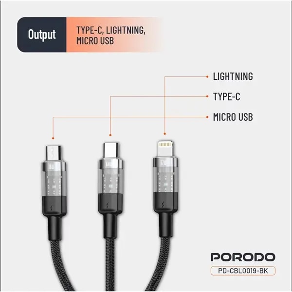 Câble tressé de charge rapide Porodo avec entrée Type-C transparent – 3en1 – universel – charge simultanée – 1m – 60W – PD-CBL0019-BK – Noir — photo 3
