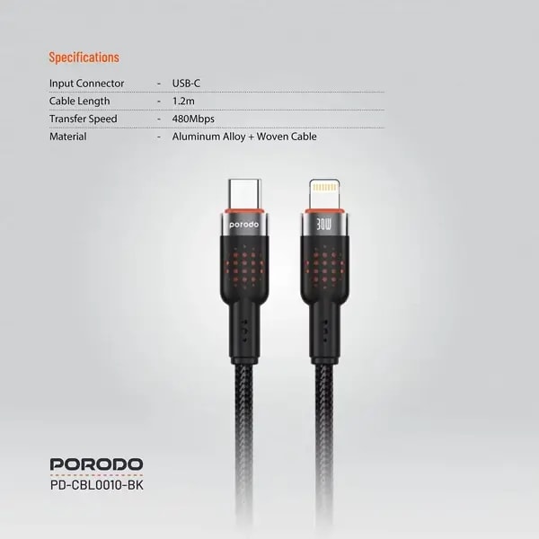 Câble tressé de charge rapide et transfert de données – Type-C vers Lightning – 30W – 1,2m – Porodo, autre vue