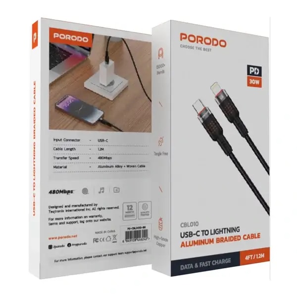 Câble tressé de charge rapide et transfert de données – Type-C vers Lightning – 30W – 1,2m – Porodo, vue 4