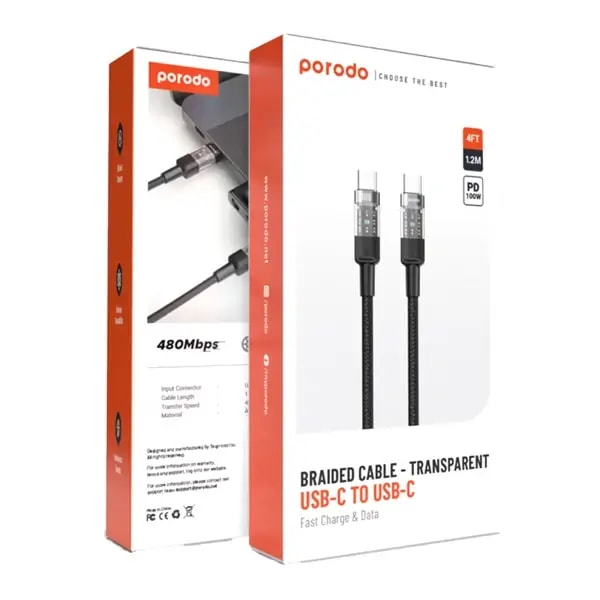 Câble de charge rapide et transfert de données Porodo – Type-C vers Type-C – 100W – 1,2m – PD-100WCCTH-BK — photo 3
