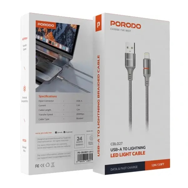 Câble tressé de charge rapide et transfert données Porodo – USB-A vers Lightning avec lumière LED – 2,4A, autre vue