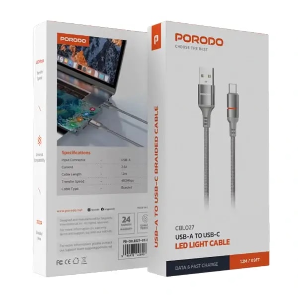 Câble tressé de charge rapide et transfert données Porodo – USB-A vers USB-C avec lumière LED – 2,4A – 1,2m, autre vue
