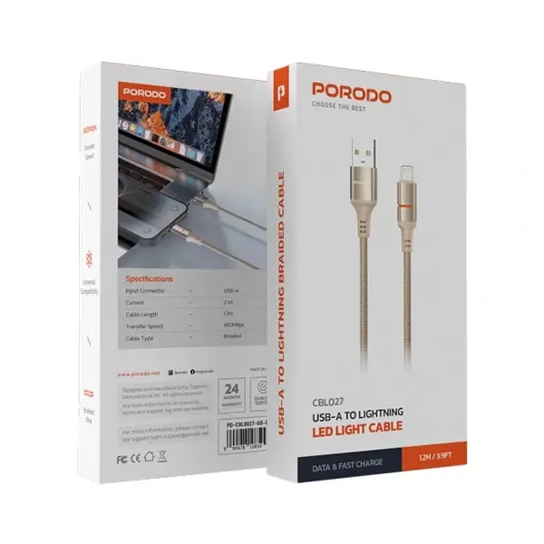 Câble tressé de charge rapide et transfert de données – USB-A vers Lightning avec lumière LED – 2,4A – 1,2m, autre vue