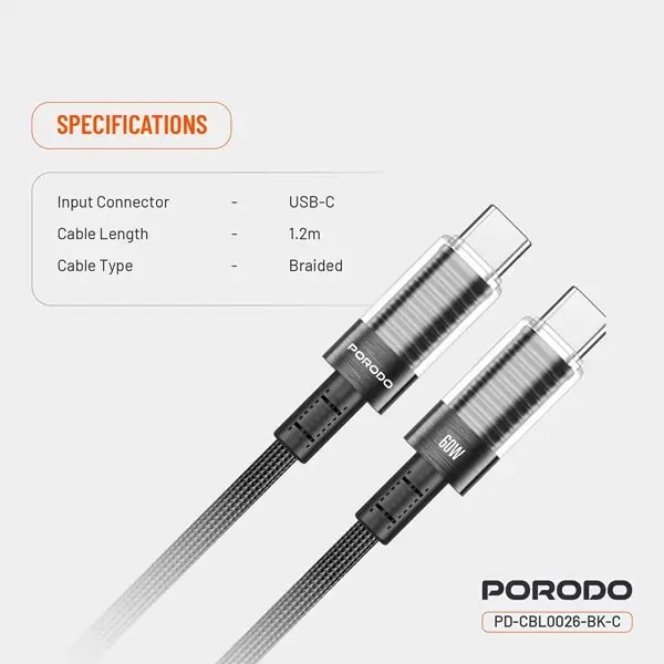 Câble tressé de charge rapide et transfert de données – Type-C vers Type-C transparent – 60W – 1,2m, autre vue