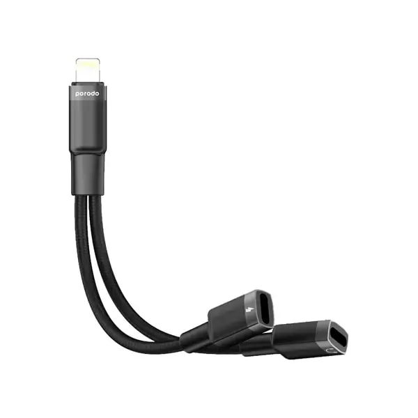 Adaptateur Lightning Porodo – Audio + charge simultanée – 2en1 – compact 12cm – PD-LLJHCA-BK – Noir — photo 1