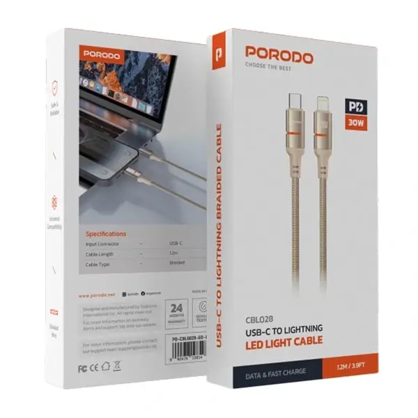 Câble de charge Porodo – Type-C vers Lightning pour iPhone avec lumière LED – 30W – 1,2m, autre vue