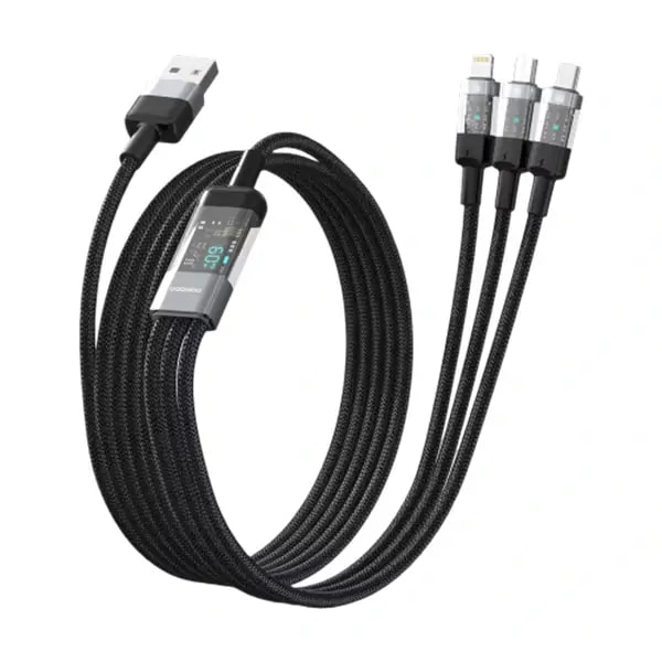 Câble tressé de charge rapide Porodo avec entrée USB-A transparent – 3en1 – universel – 66W – 1m – PD-CBL0018-BK — photo 2